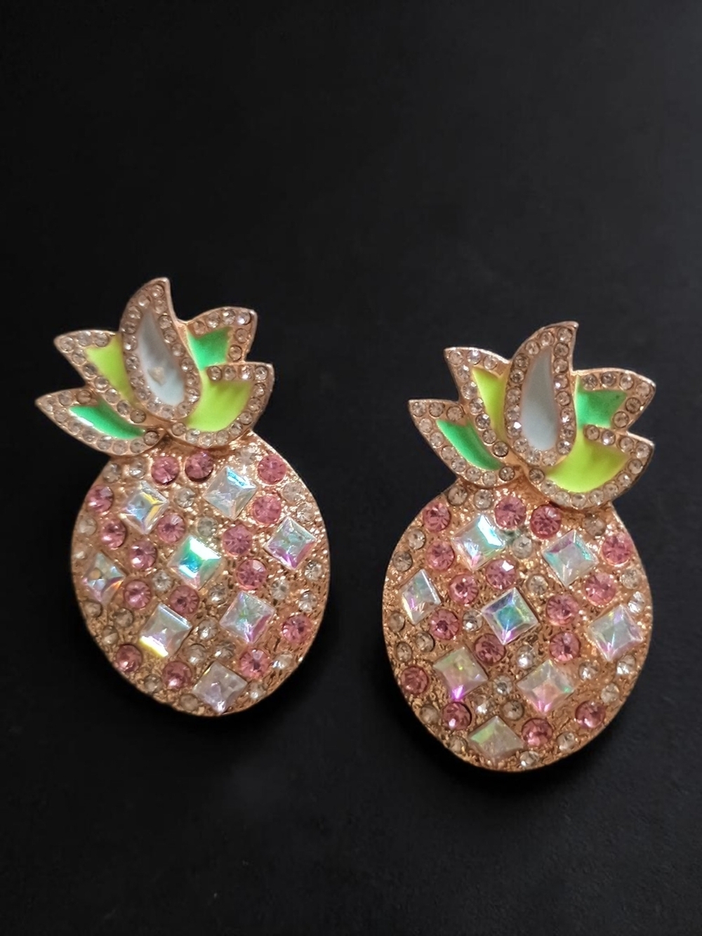 Vintage Pink & Green Crystal Pineapple Earrings Rhinestone